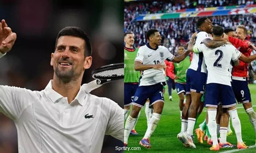 Djokovic celebrates England’s victory at Euro during Wimbledon.